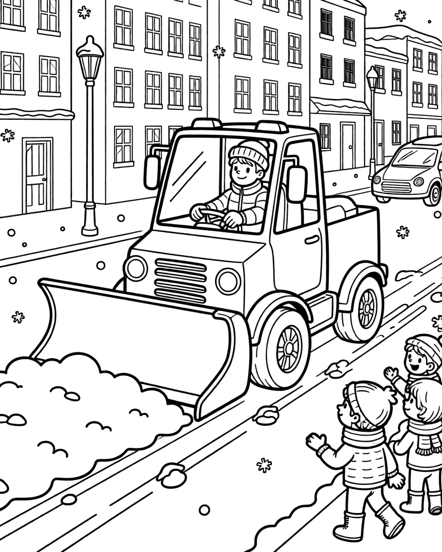A snowplow driver clears a thick blanket of snow from a city street.