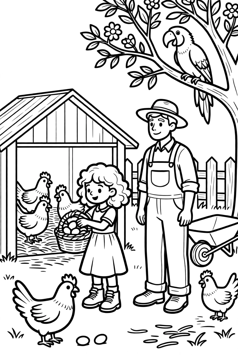 A curly-haired girl collecting fresh eggs with a farmer while a parrot squawks from a perch.