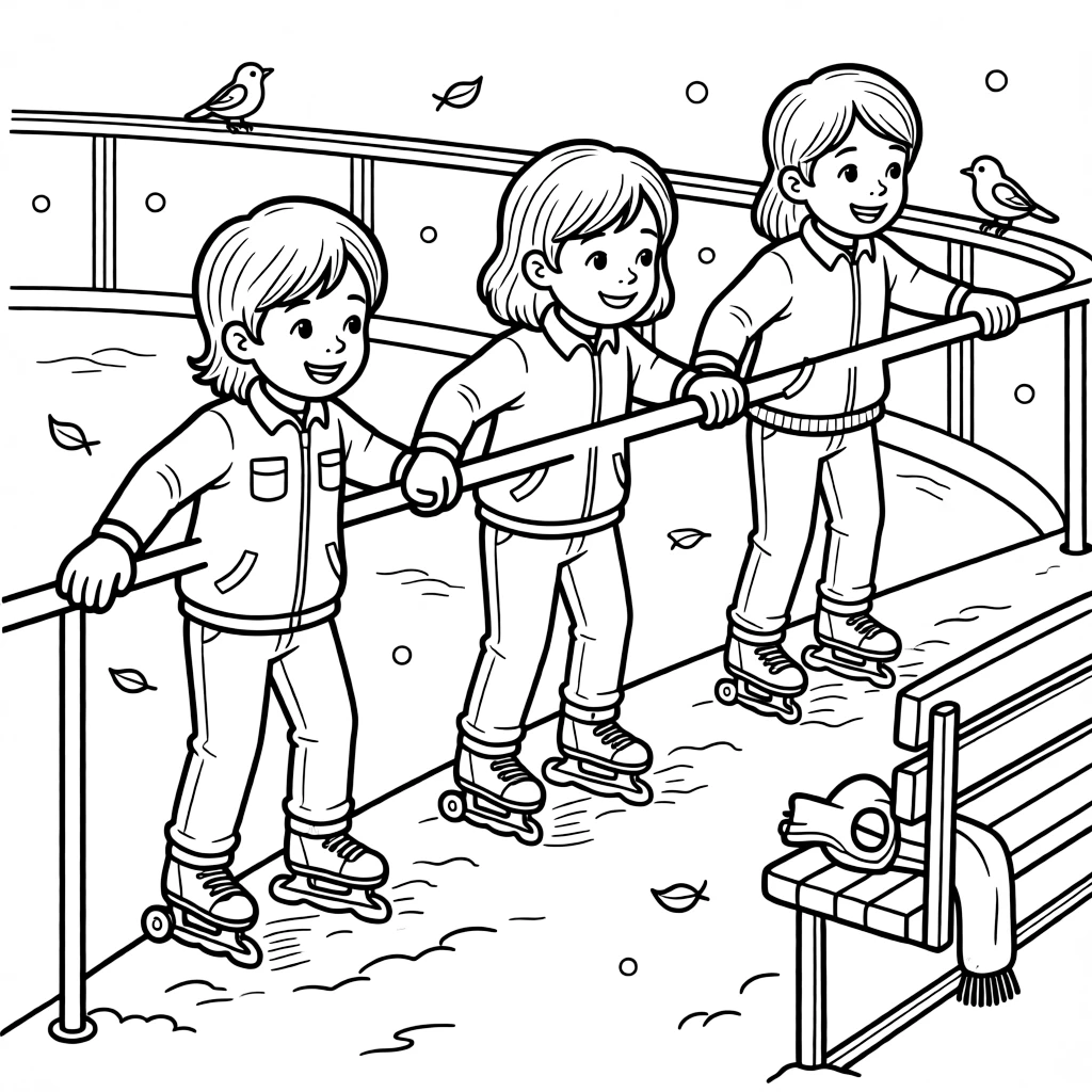 A team of neighborhood kids, practicing a wobbly first glide while holding onto the rink's side rail.