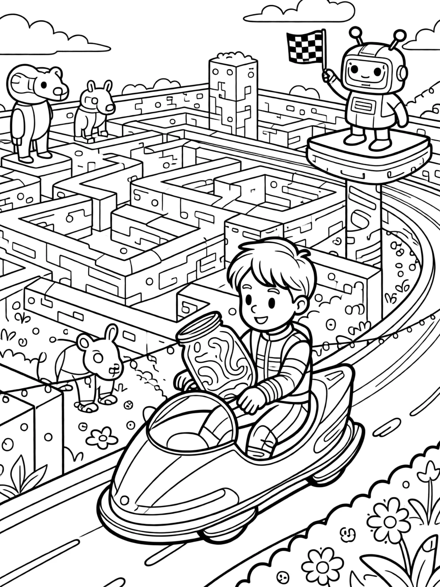 Pilot Zephyr zooming along on a hoverbike capturing a wild burst of aurora light in a jar for the science lab in a maze of glowing hedges in a robotic topiary garden, as twinkling string lights strung between floating platforms and a friendly robot waving a checkered flag fill the scene.