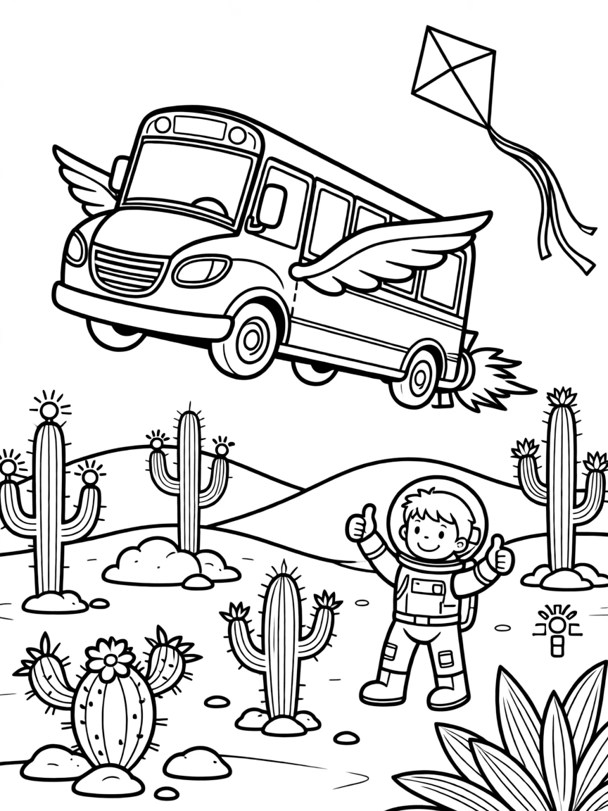 In this scene, a flying school bus with little wings and rocket boosters is the star of a golden desert dotted with cacti and distant sand dunes, joined by a grinning astronaut giving a thumbs up, with a kite dancing in the breeze above and a signal light blinking cheerfully scattered throughout for kids to color.