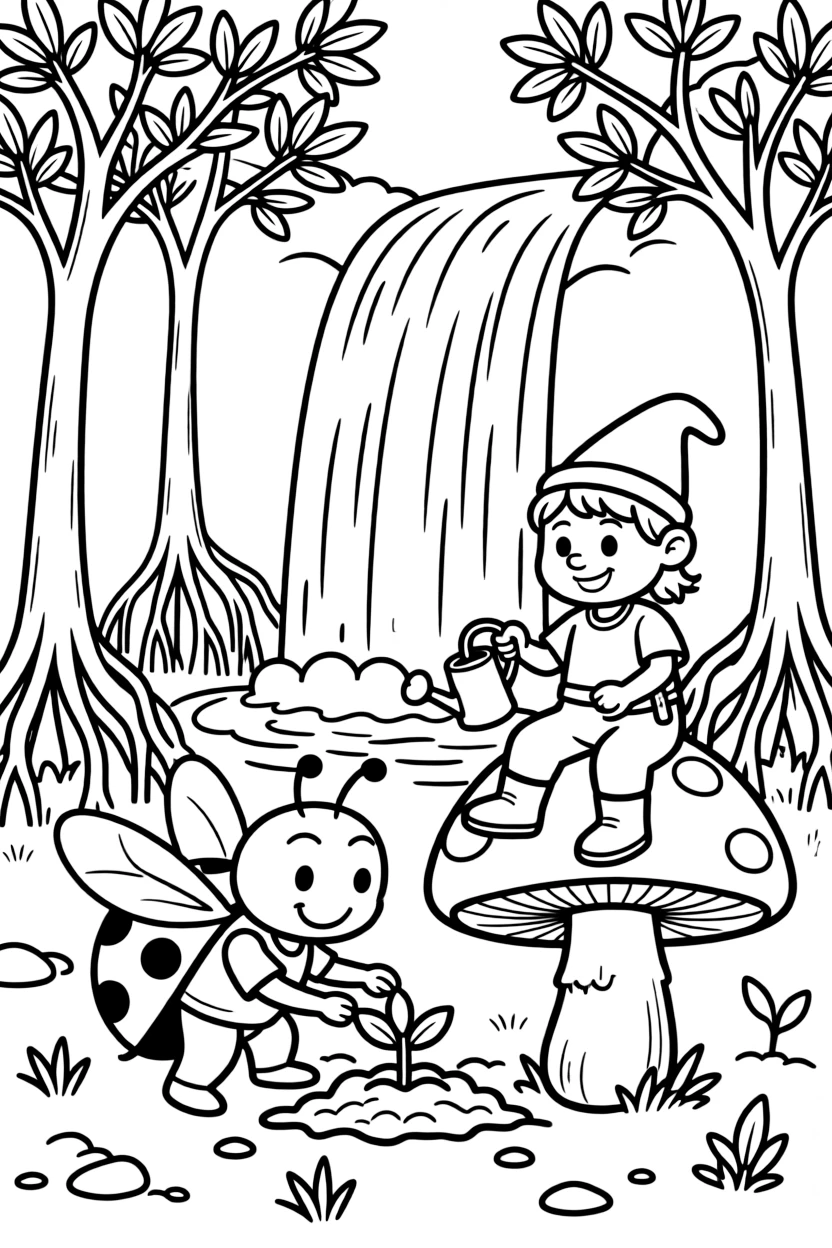 A ladybug planting seeds together with a mushroom-riding gnome pet near a waterfall, near a mangrove forest.