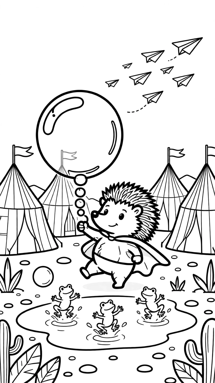 In a desert oasis ringed with striped tents, a goofy superhero hedgehog is busy chasing a trail of giant soap bubbles, cheered on by a puddle full of jumping frogs and a flock of paper airplanes soaring overhead. It's shaping up to be the happiest day in the whole kingdom.