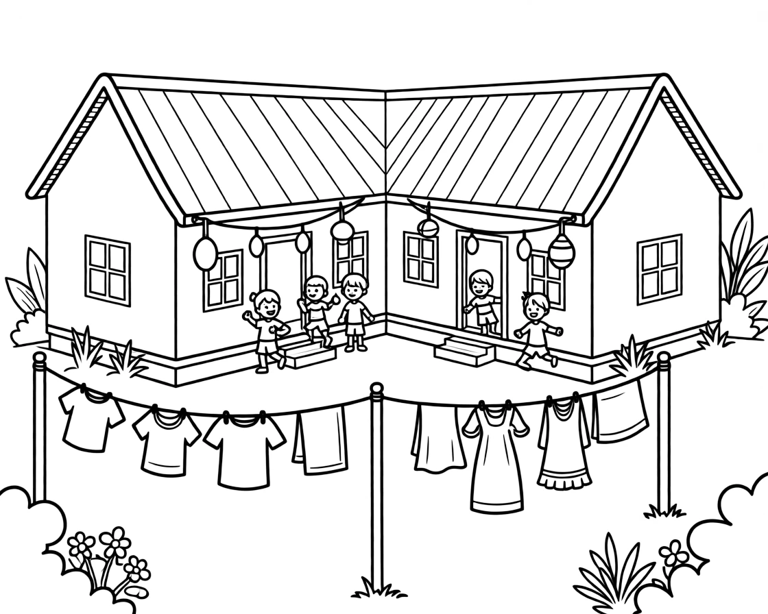 A coloring page featuring a compound house built around a shared courtyard in Ghana, with children playing just outside the door and laundry or lanterns strung nearby.
