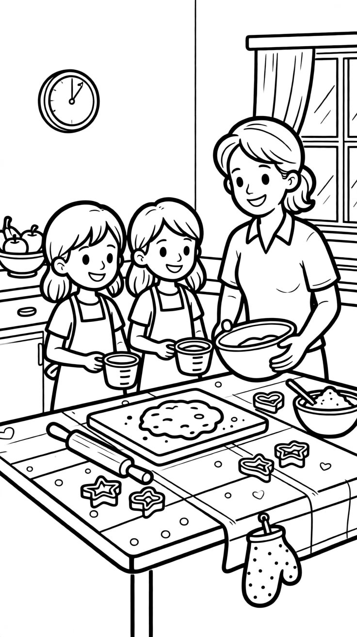 bright-eyed twin sisters use measuring cups to compare fractions while baking cookies with a parent.