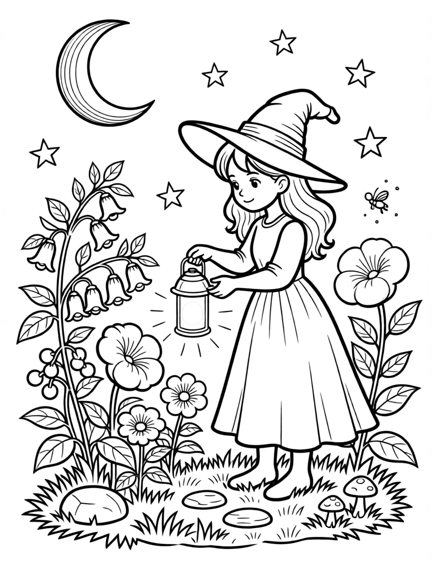 A witch's garden of nightshade and moonflowers blooms only under starlight, glowing faintly as she tends it by lantern.