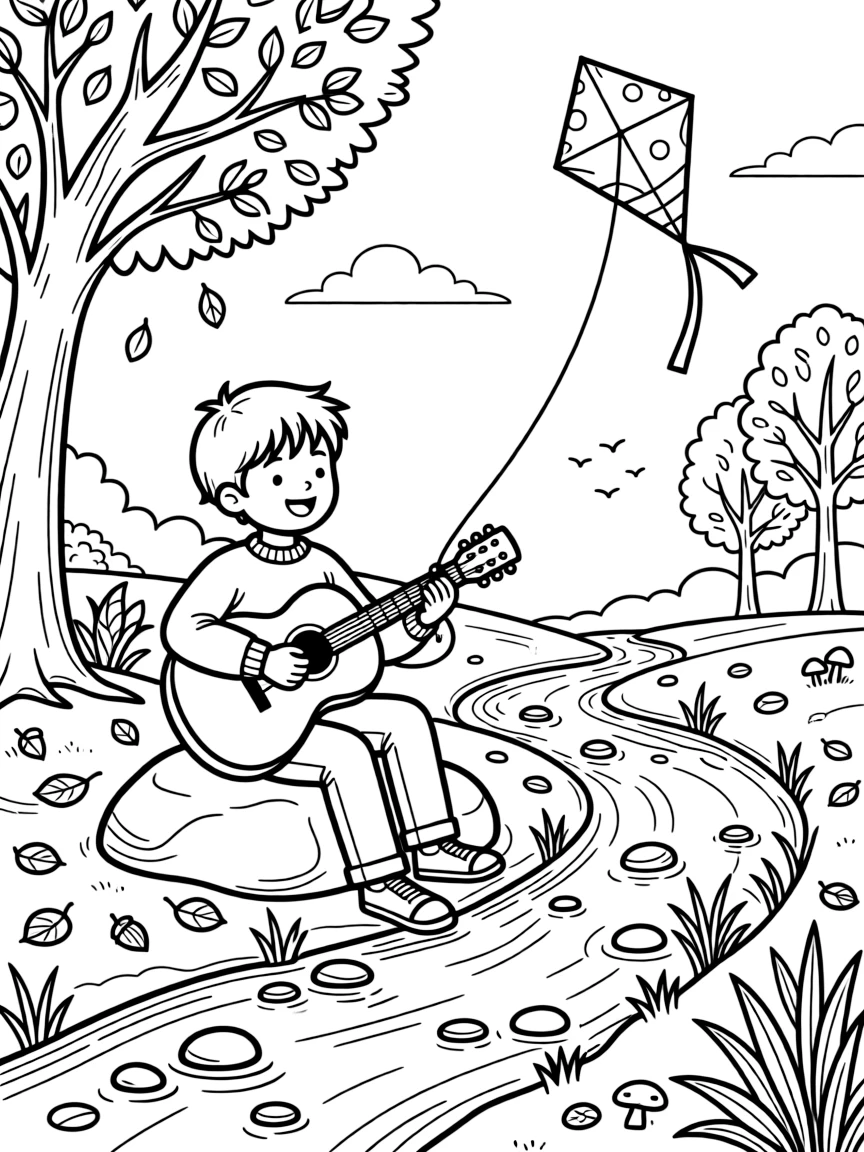 [Hobbies] a young musician playing a guitar strumming a cheerful tune by a babbling stream. In the background, the kite dances high against blue sky, adding extra fun to explore. Small details invite careful coloring choices. It all happens on a crisp autumn afternoon, with a light breeze blowing.