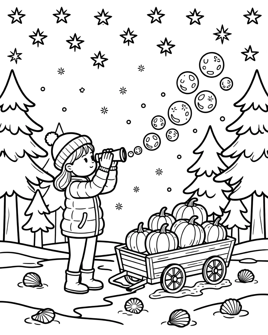 A girl birdwatcher peering through binoculars is blowing a stream of shimmering soap bubbles in a snowy forest clearing under twinkling stars. Close by, a wagon piled high with pumpkins and glittering seashells scattered on the sand add to the delightful moment.