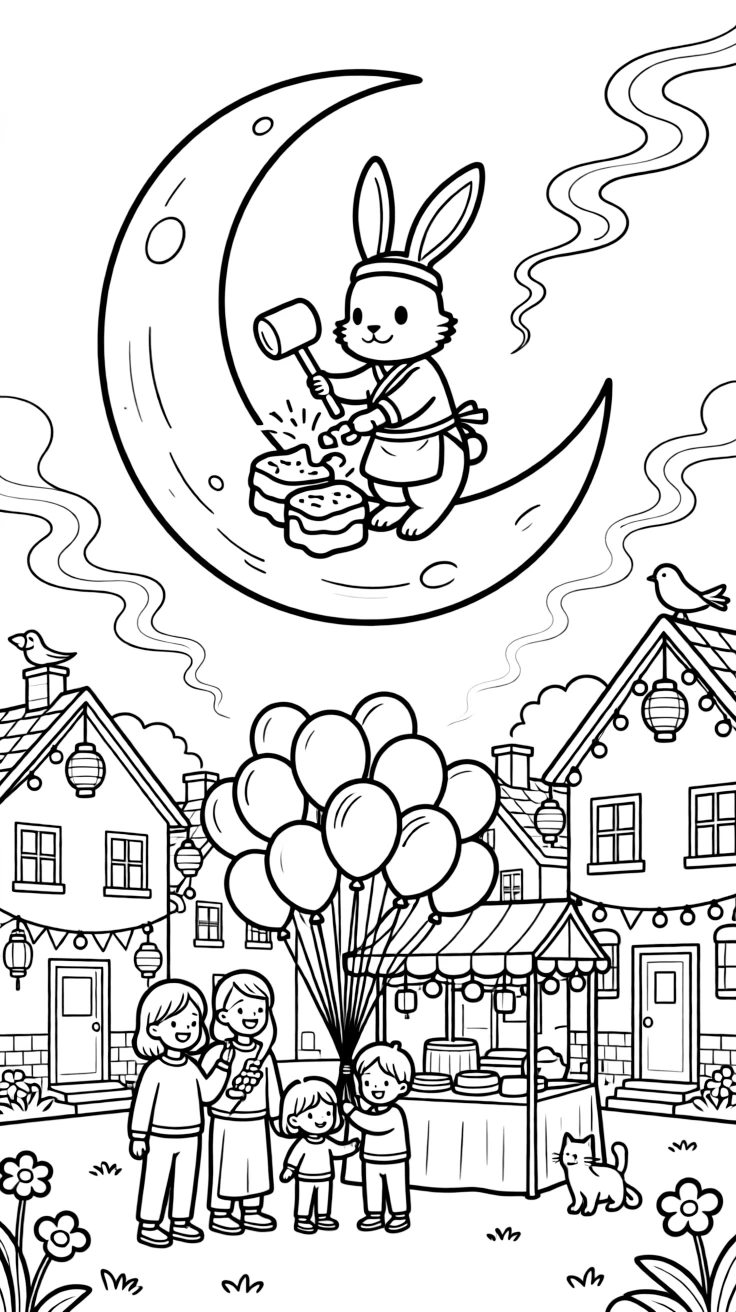 A rabbit on the moon pounding rice cakes in a neighborhood where every house has festive decorations, with a whole smiling family playing close by amid balloons tied to a festive booth and incense curling into the air.