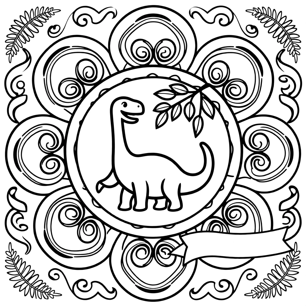 Dinosaurs & Prehistoric: The main subject is a long-necked brontosaurus reaching for leaves, drawn as the focal point of a heart-shaped mandala framed by soft curling loops. It is set at the core of the page, with the pattern unfolding outward in eight matching symmetrical segments. Decorative details fill the surrounding space, including curling paisley teardrops, curling fern-frond shapes, and ribbons folded into gentle zigzags woven throughout the background. A playful extra touch completes the page: a little blank banner tucked into the design, ready for a name to be added.