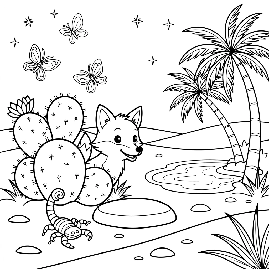 [Desert Dunes] A curious desert fox pokes its oversized ears out from behind a cluster of round cacti. A scorpion scuttles beneath a flat stone as butterflies drift over blooming cacti. A hidden oasis with a small pool and palm trees breaks up the golden, sandy landscape. Stars begin to appear over the desert as the sand cools in the evening air.