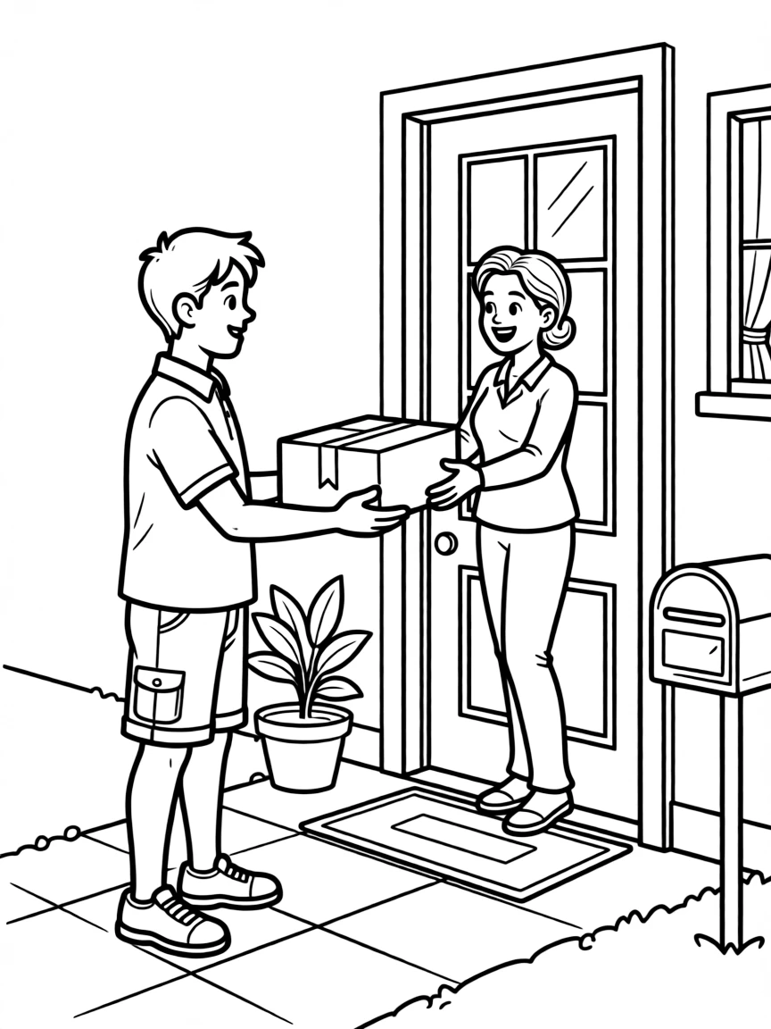 A delivery driver hands a smiling customer a package at their front door.