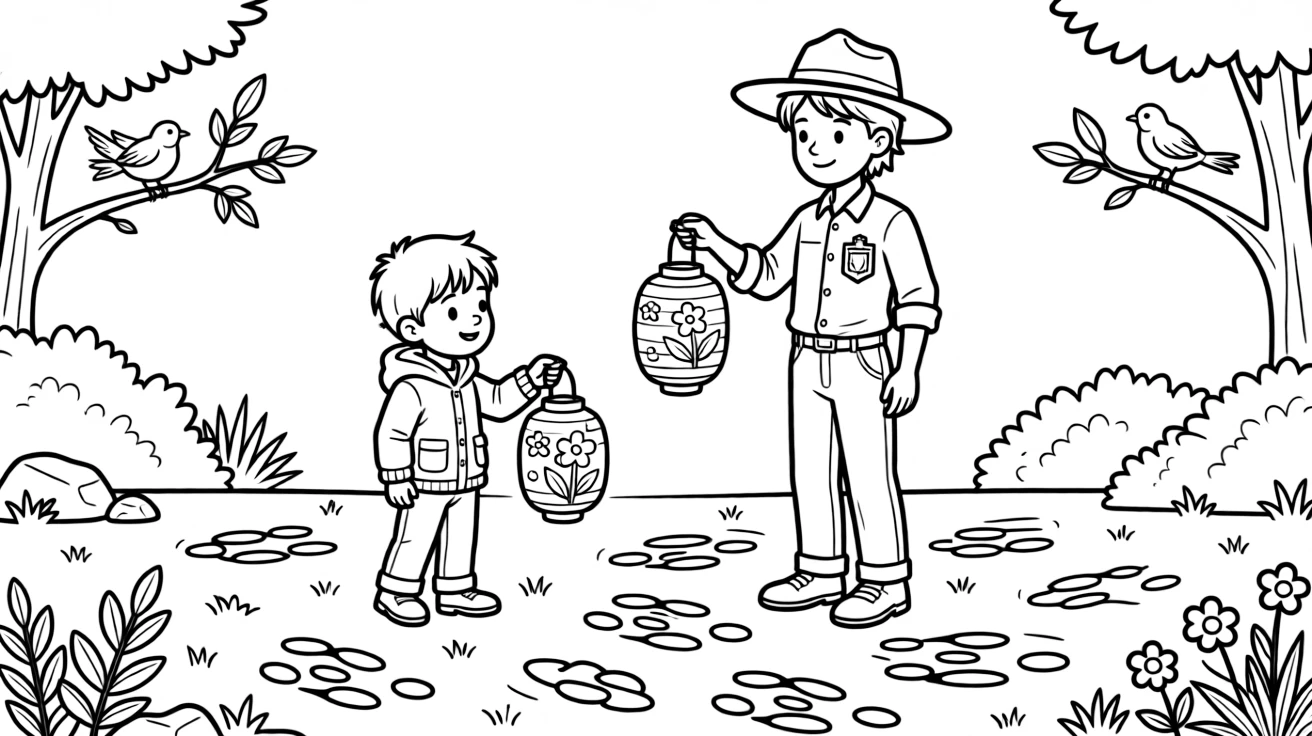 A little brother spotting animal tracks with a park ranger with paper lanterns swaying gently.