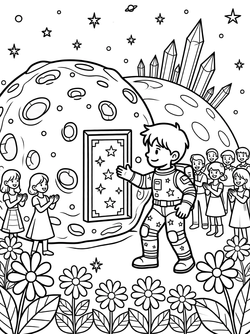 Cadet Radian, a young space explorer in a starry spacesuit discovering a hidden door inside an ancient asteroid near a shimmering ice planet dotted with crystal spires, surrounded by a cheerful crowd gathered for a festival and a garden of oversized glowing flowers.