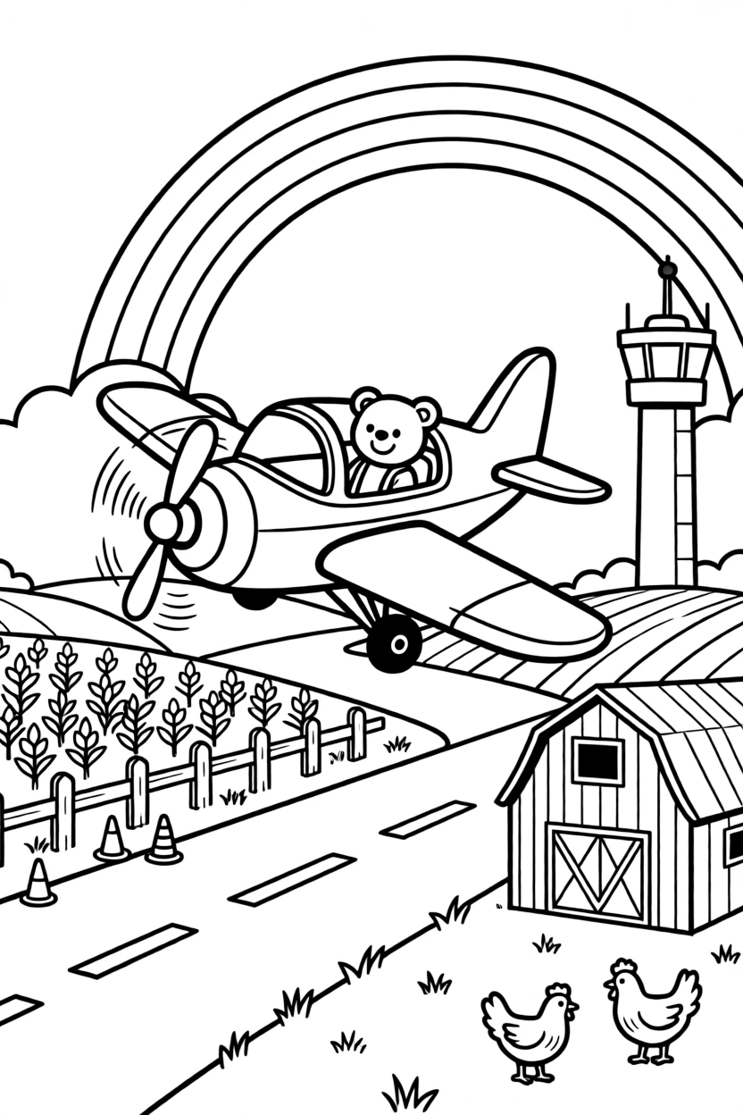 A small propeller plane buzzing over a farm takes center stage in a busy airport runway with a control tower in the distance, where a teddy bear buckled safely into the passenger seat can be seen nearby, surrounded by a rainbow arching across the sky.