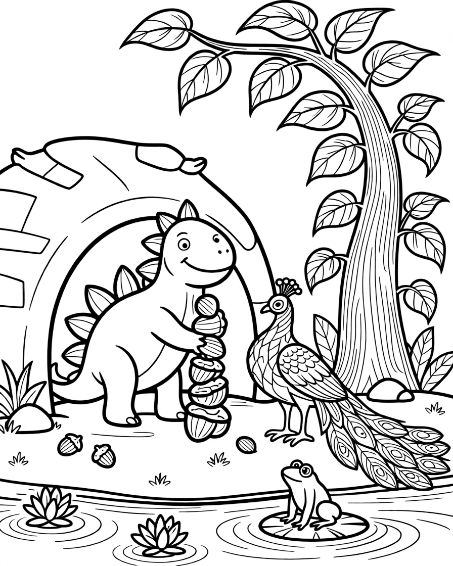 A friendly stegosaurus stacking acorns into a tower with a peacock in a cozy burrow, near a giant beanstalk, while a curious frog watches from a lily pad.