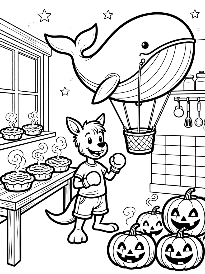 In a cozy kitchen filled with steaming pies, a chirpy kangaroo boxer with a big smile discovers the joy of steering a hot air balloon shaped like a whale, while a row of jack-o'-lanterns grinning in the dark watches happily nearby. Little cheers of excitement fill the air.