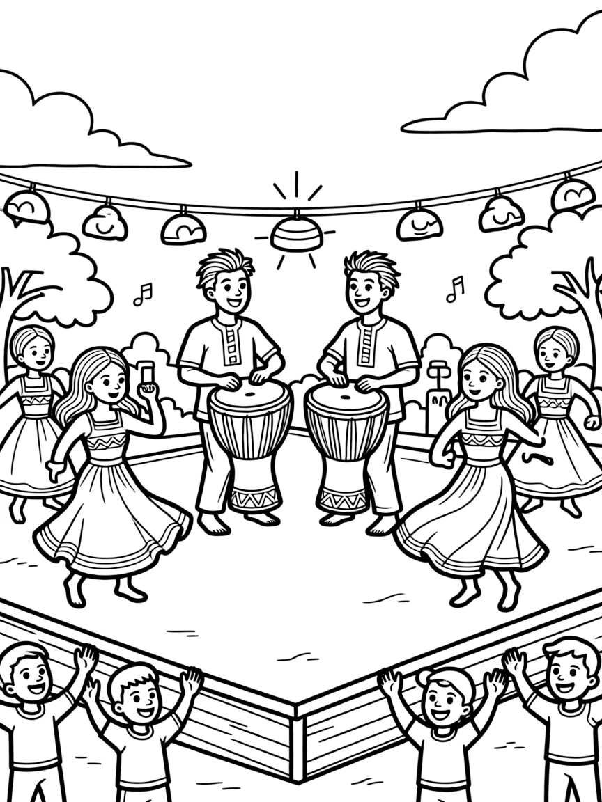 A coloring page capturing drummers playing talking drums while dancers spin in colorful cloth from Ghana, set on an outdoor stage with cheerful onlookers waving and swaying along.