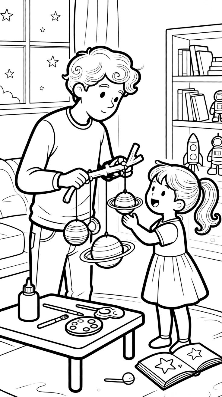 a thoughtful older brother and his little sister builds a model solar system with painted foam balls hanging from strings.
