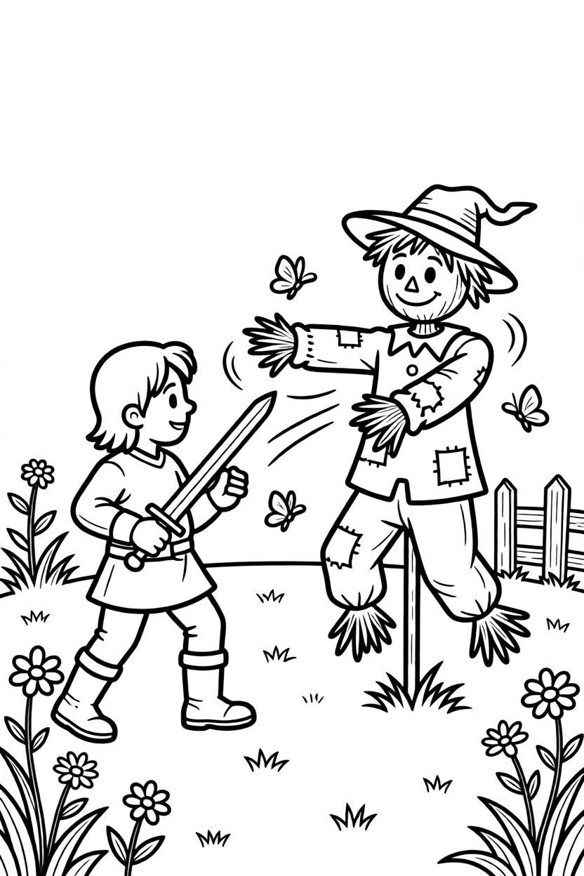 A young knight in training practices sword fighting against a good-natured scarecrow enchanted to dodge and parry.