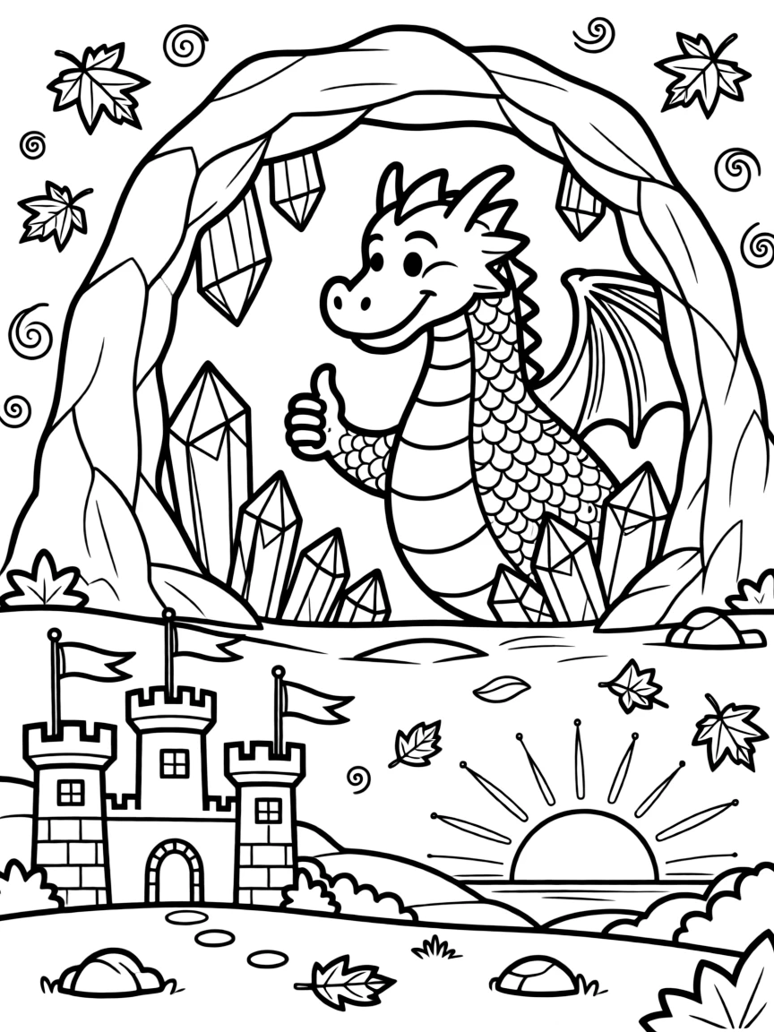 [Dragons] a wise old dragon peeking out of a cave entrance inside a crystal-lined cave, giving a confident thumbs-up. Nearby, banners flutter from castle towers below. Its scales catch the light in interesting patterns. The scene is captured at sunrise, with autumn leaves swirling in the wind, giving the page a lively and adventurous feel that invites plenty of colorful detail.
