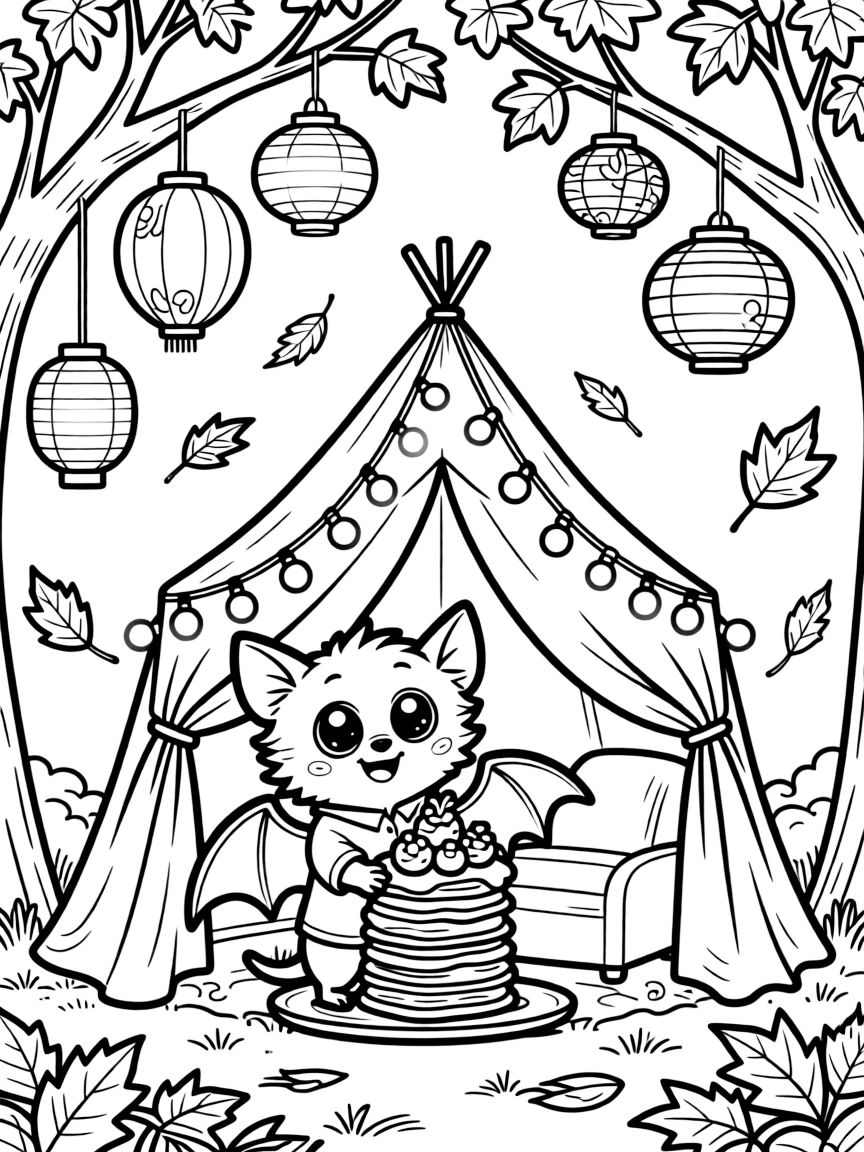 A friendly little bat with big round eyes is stacking pancakes topped with fresh berries inside a blanket fort glowing with fairy lights. paper lanterns hanging from low branches and swirling autumn leaves in every color add a playful, cheerful touch.
