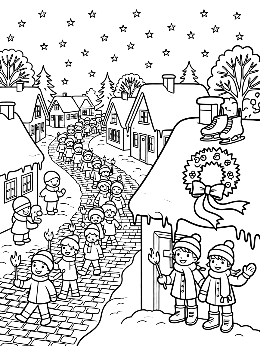 A torchlit parade winding through a snowy village on a snowy rooftop under a starry night sky, while a pair of giggling twins looks on nearby, a pair of ice skates and a wreath tied with a red ribbon completing the scene.