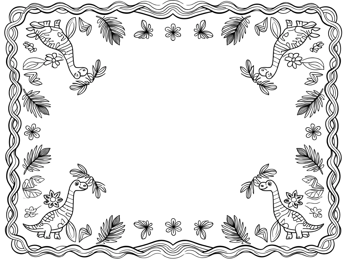 Dinosaurs & Prehistoric: The page centers on a repeating motif of a long-necked brontosaurus reaching for leaves, built around a honeycomb mandala tiled from small hexagon cells. The motif is placed at each of the four corners in matching pairs, connected by a looping border pattern around the edge. Decorative details fill the surrounding space, including nested triangle shapes, fanned feather plumes, and six-point snowflake shapes woven throughout the background. A playful extra touch completes the page: a tiny nest holding three small eggs tucked into the pattern.