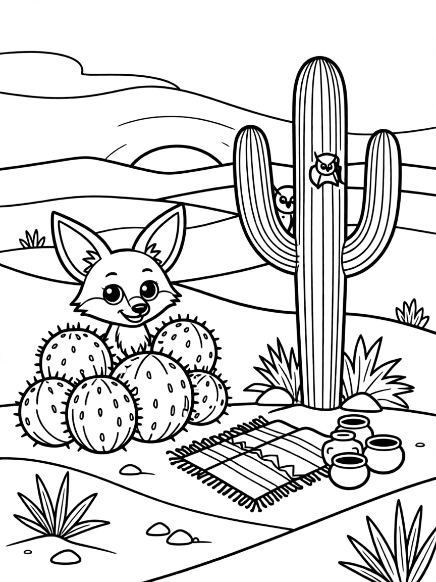 [Desert Dunes] A curious desert fox pokes its oversized ears out from behind a cluster of round cacti. A pair of desert owls peek out from a hole in a tall saguaro cactus. A cluster of colorful woven blankets and clay pots sits near a small desert campsite. The sky glows orange and pink as the sun sets behind the rolling dunes.