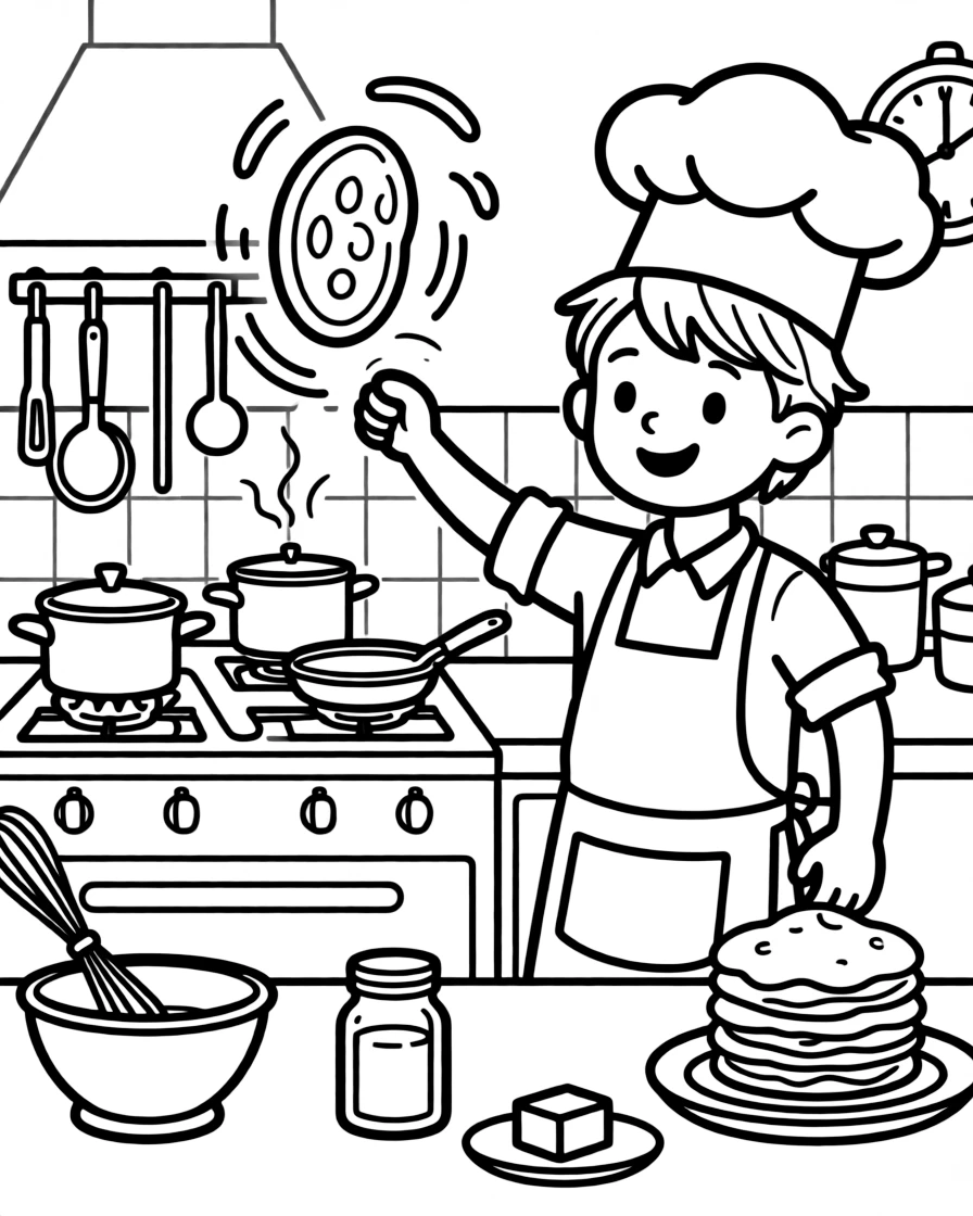 A chef flips a sizzling pancake high in the air above a busy stove.