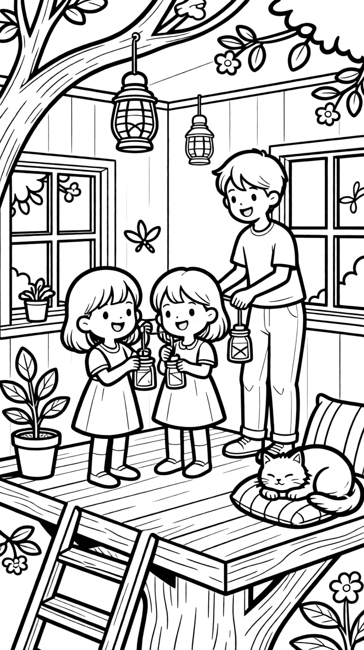 Twin sisters catching fireflies together with an older sibling home from college in a treehouse while a kitten naps in a sunny spot.
