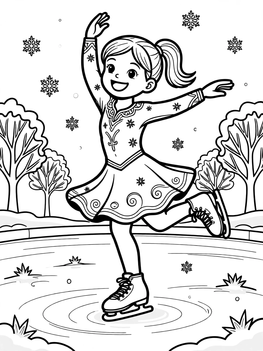 An energetic girl with a big smile, twirling gracefully in a colorful outfit at a winter ice show.