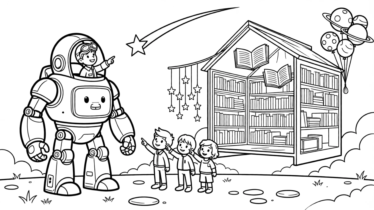 Young pilot Echo riding inside the friendly giant mech Thunderbot spotting a shooting star and making a wish with new friends near a floating library filled with holographic books, surrounded by a wind chime made of tiny metal stars and a cluster of balloons shaped like planets.