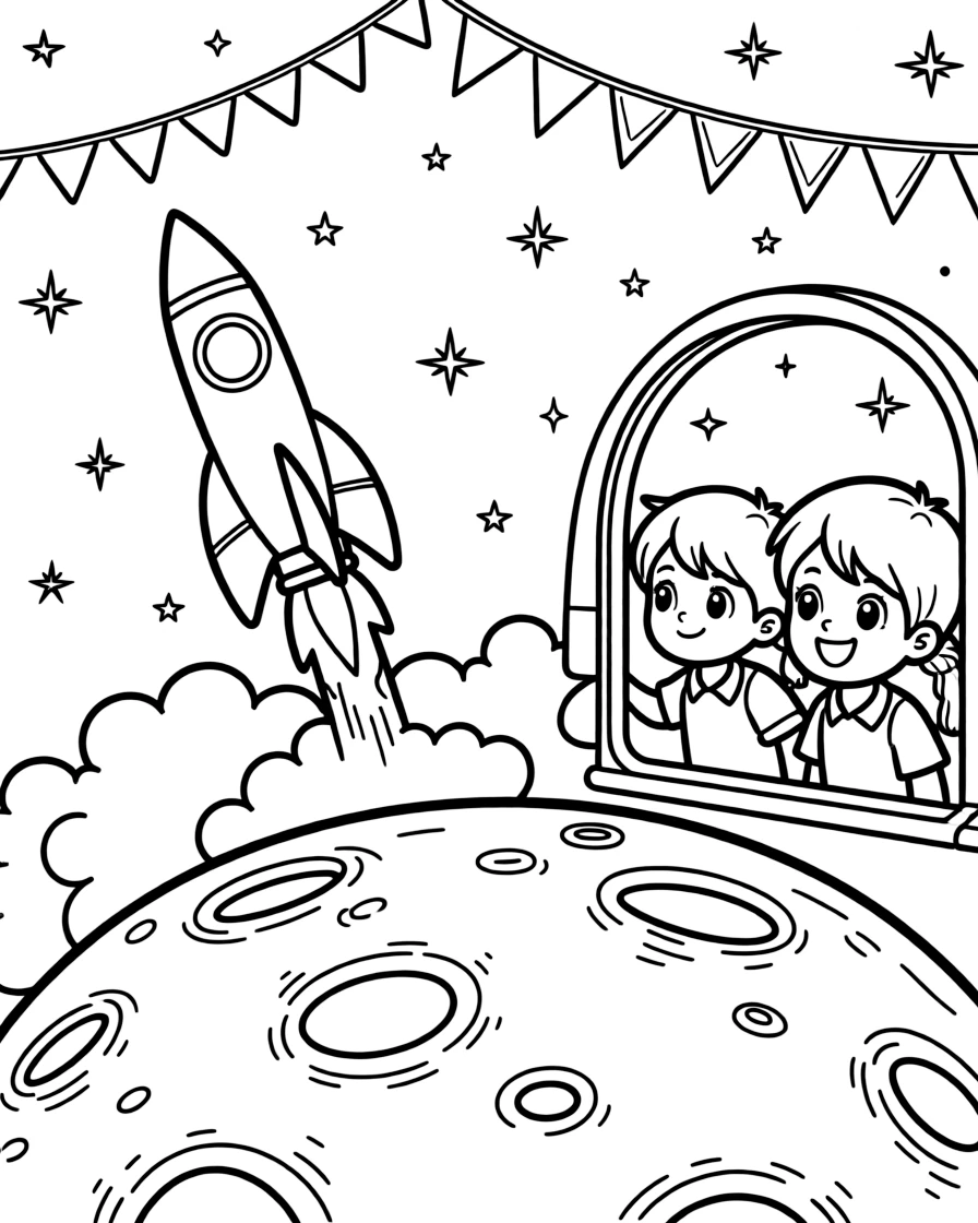 The scene captures a satellite-launching rocket rising past fluffy clouds in the middle of the dusty gray surface of the moon under a starry sky, with twin siblings pressing their faces to the window nearby and a string of triangle pennant flags overhead sprinkled around for extra fun.