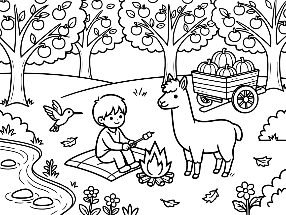 A hummingbird beside a bubbling brook, roasting marshmallows by a campfire with a llama, next to a apple orchard, with a wagon full of freshly picked pumpkins.