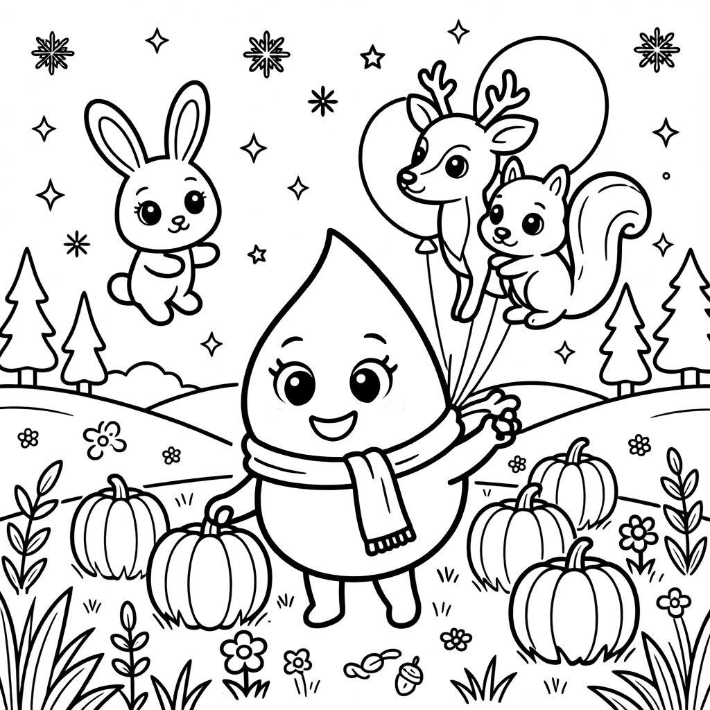 A bouncy raindrop sprite takes a break from adventures to try gathering pumpkins for a harvest festival float in a meadow during the first snowfall of winter, with balloons shaped like friendly woodland animals close behind. Sparkles and stars fill the air with magic.