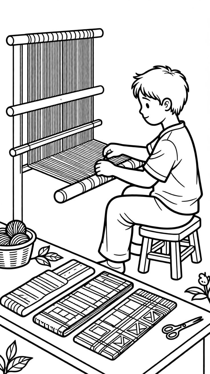 A coloring page showing a creative craft moment in Ghana: a weaver working colorful threads on a narrow kente loom, with finished pieces displayed proudly on a nearby table.