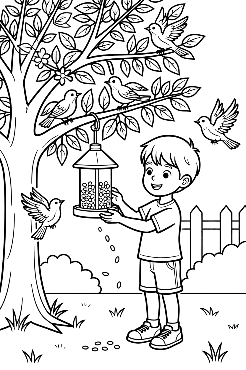 a bright-eyed little boy listens to birdsong while filling a feeder with seeds in a backyard tree.