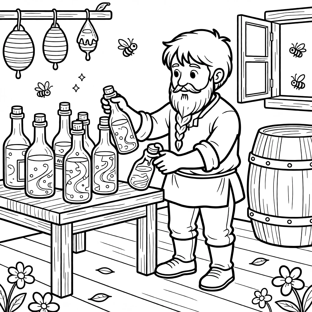 A dwarf brewery bottles glowing honey mead, the golden liquid swirling with tiny captured sparkles.