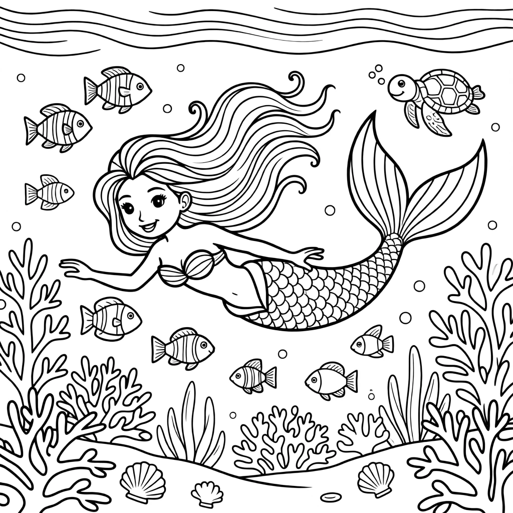 [Underwater Adventures] a mermaid swimming among the fish swimming alongside a friendly sea turtle deep beneath the ocean waves. In the background, coral in every shape and color decorates the seafloor, adding extra fun to explore. Coral formations add colorful texture. It all happens at high noon, under clear blue skies.