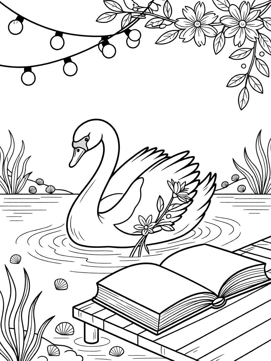 A graceful swan gliding on the water is pressing flowers between the pages of a big book in a glowing mermaid lagoon. Close by, strings of fairy lights strung overhead and a garland of paper flowers strung overhead bring the scene to life.