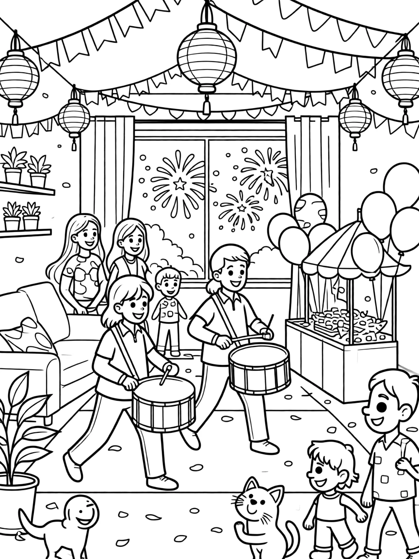 Drummers leading a joyful street parade inside a home decorated from floor to ceiling for the occasion, while a whole smiling family looks on nearby, balloons tied to a festive booth and fireworks blooming in the night sky completing the scene.