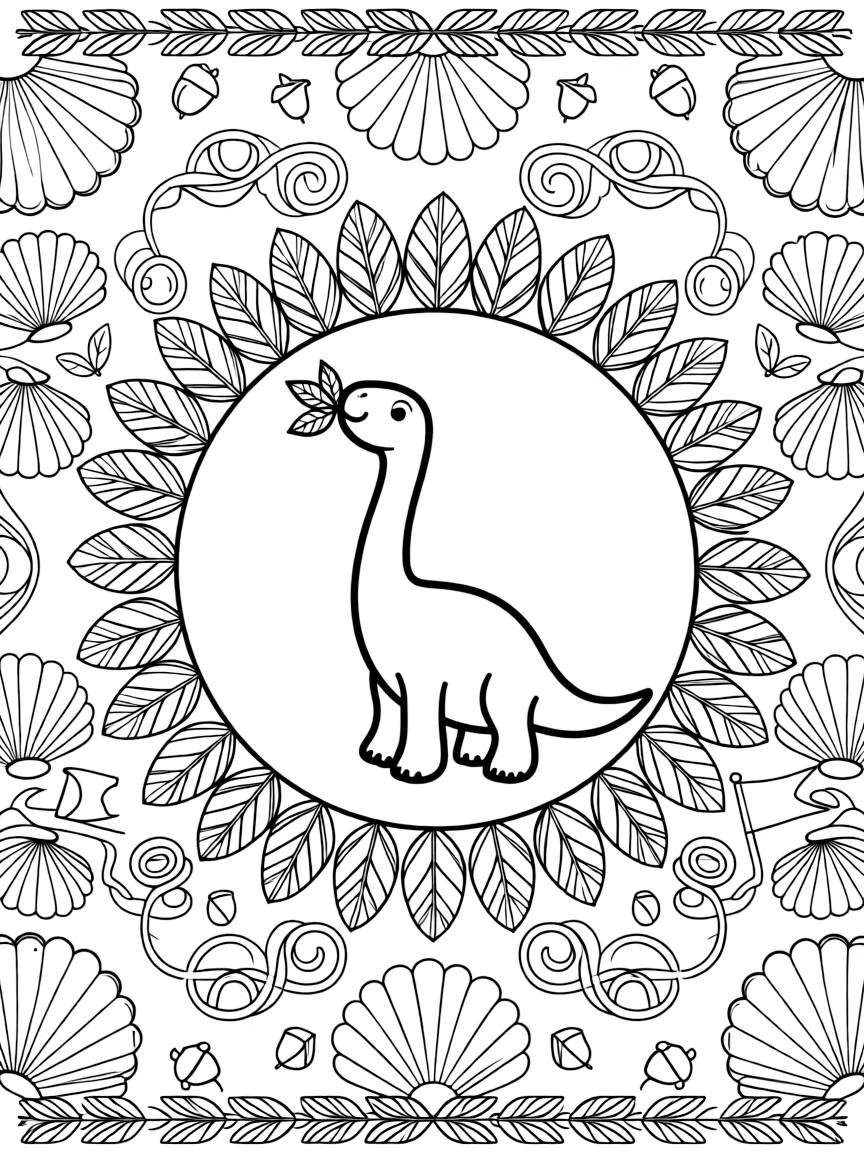 Dinosaurs & Prehistoric: The page presents a small themed scene built around a long-necked brontosaurus reaching for leaves, tied together by a feather-ring mandala with plumes fanning outward. The scene is placed centrally within a scene bordered top and bottom by mirrored rows of smaller matching details. Decorative details fill the surrounding space, including overlapping scalloped shells, loops of ribbon curling back on themselves, and clusters of tiny acorns woven throughout the background. A playful extra touch completes the page: a small flag on a stick poking out from one side of the pattern.