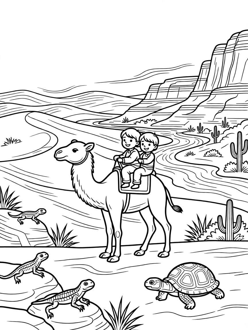 [Desert Dunes] A friendly camel carries two children across a sea of rolling sand dunes at sunset. Lizards bask on sun-warmed rocks while a tortoise slowly makes its way across the sand. Layered red rock formations rise beside a dry riverbed dotted with hardy desert plants. A gentle wind shapes soft ripples across the dunes beneath a clear blue sky.