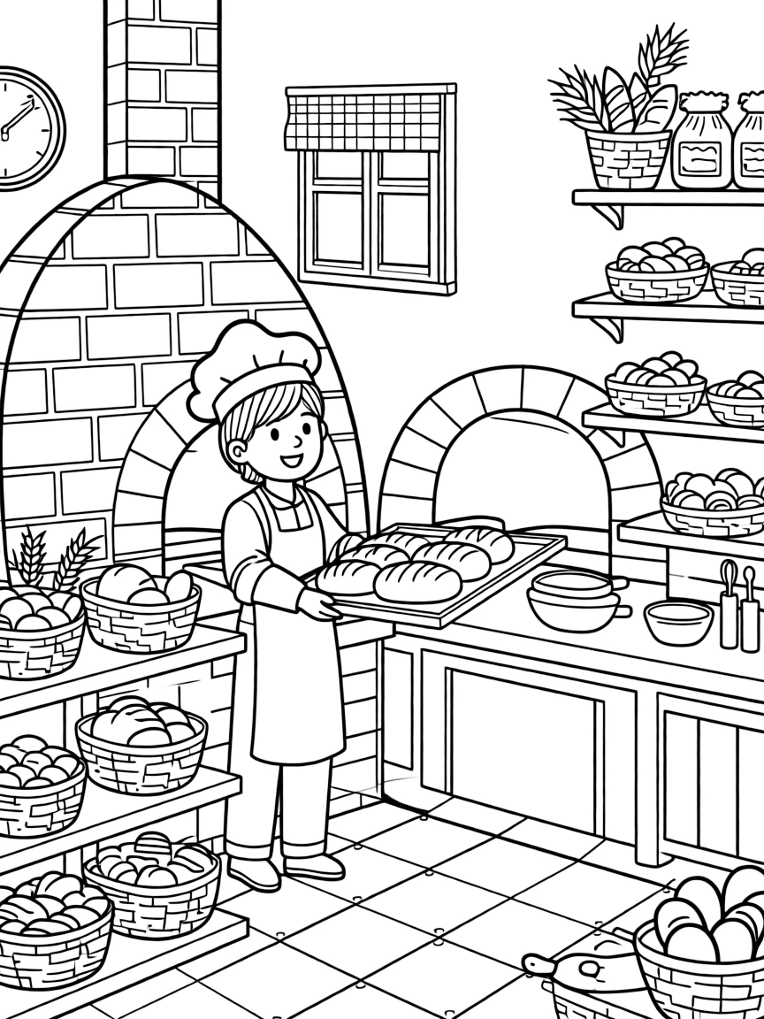 A baker pulls a tray of golden loaves from a brick oven in a cozy bakery.