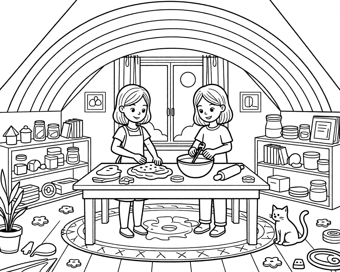 A confident preteen girl baking cookies with a best friend in an attic playroom with a rainbow arching overhead.
