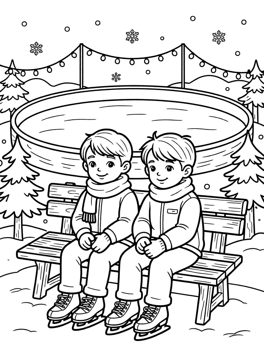 A pair of twin siblings, lacing up skates on a bench beside a rink glowing with string lights.