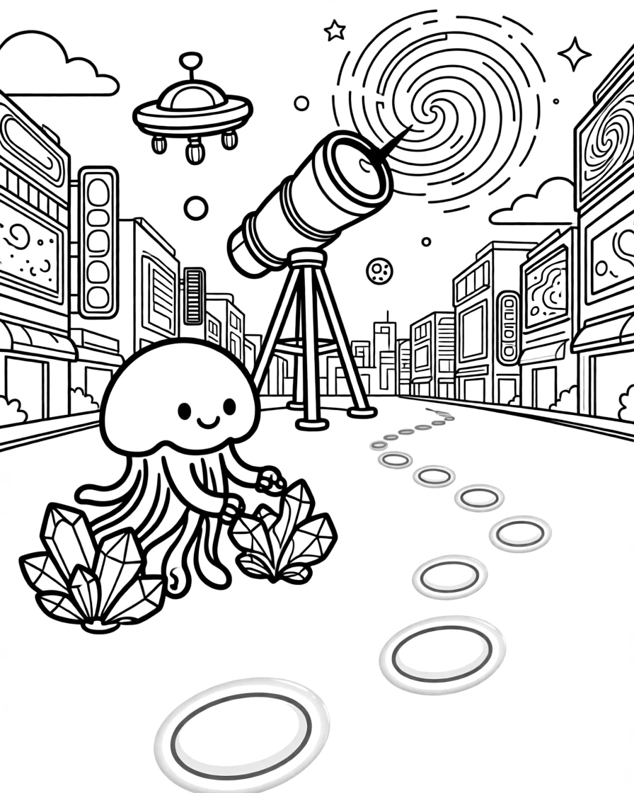 Snorble, a glowing jellyfish-like alien creature harvesting solar energy crystals with a floating drone crew in a cheerful cyber city lit up with neon signs and hover-billboards, as a giant telescope pointed at a swirling galaxy and a trail of glowing footprints leading into the distance fill the scene.