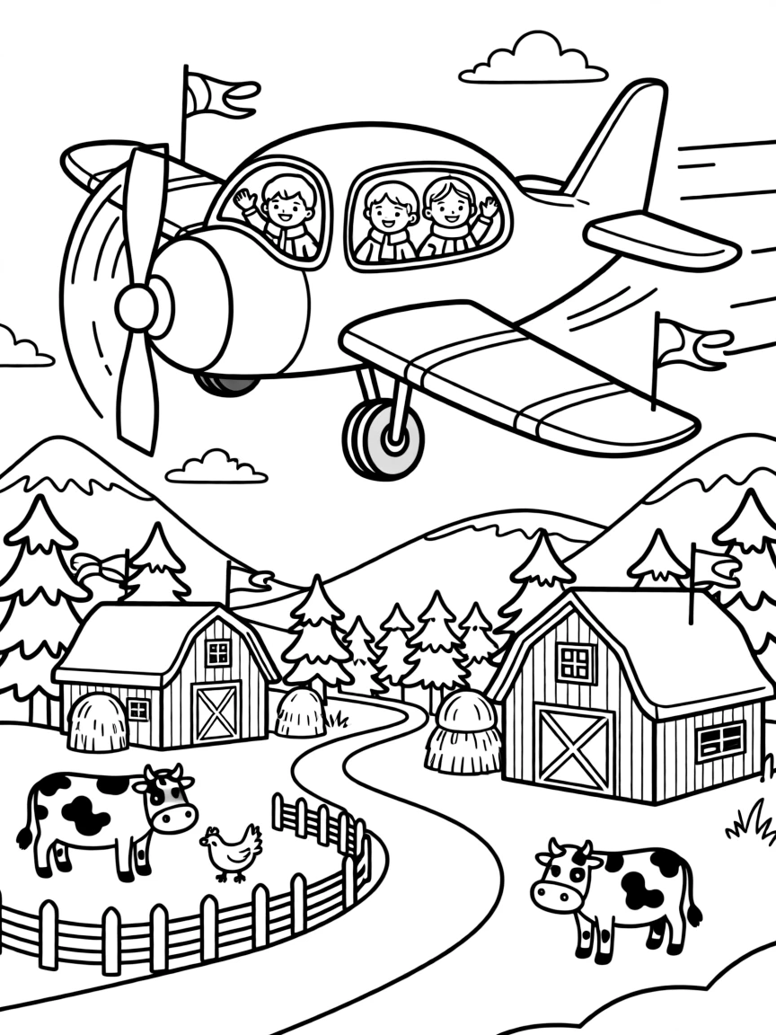 A big, friendly a small propeller plane buzzing over a farm rolls through a snowy mountain pass with pine trees dusted in white, with a group of cheerful kids waving from the windows enjoying the ride and colorful flags fluttering from every corner adding a playful touch.