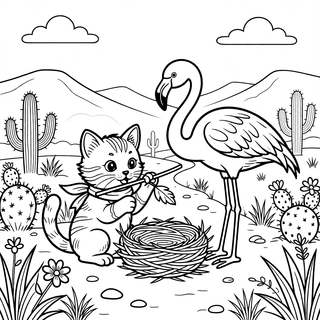 A curious kitten building a tiny nest together with a flamingo along a dusty savanna trail, near a cactus garden, while morning fog rolls over the hills.
